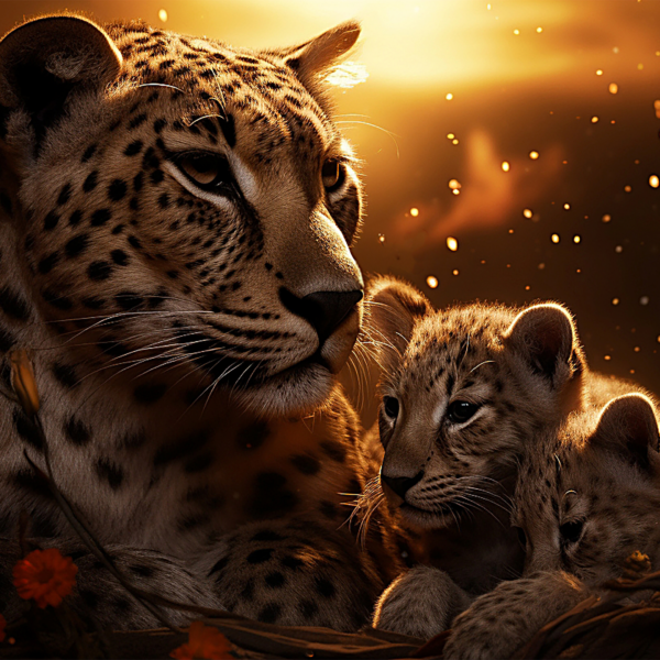wall art cheetah - wall decoration beauty of a cheetah, the serene splendor of a cheetah, lying in the warm glow of the setting sun, accompanied by her young. Our wall decoration captures this moving scene, where the power and tenderness of nature come together in a breathtaking moment. Detailed brushstrokes and vibrant colors depict the majestic cheetah resting under the soft glow of the evening sun. Her cub, playful and curious, symbolizes the hope and promise of the future, while she finds security and protection in her mother. The setting sun casts a golden glow over the landscape, creating an atmosphere of peace and warmth. It is a moment of connection and harmony, in which the bond between mother and young is celebrated and immortalized in art. Place this wall decoration in rooms where peace and harmony are appreciated, such as the living room, bedroom or children's room. Immerse yourself in the tenderness of the moment with our wall decoration of a cheetah lying in the setting sun with her young, and let the beauty of nature warm your heart. wall decor, wall decor, wall art, wall art, canvas prints, modern wall decor, abstract art, landscape prints, home decor, home decor, decorative art.