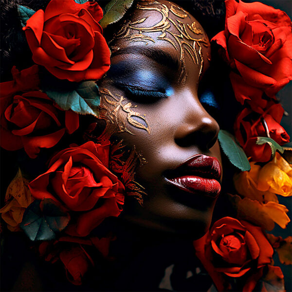 Blooming Splendor: The Beauty of Contrast" Description: Be inspired by the enchanting harmony of "Blooming Splendor", a wall decoration that celebrates the power of contrast. In this masterpiece, a dark woman is surrounded by a wealth of flowers, a symphony of color and life. The deep tones of her skin contrast beautifully with the vibrant floral beauty around her. Each petal seems to embrace her beauty and enhances her serene appearance. “Blooming Splendor” invites contemplation and admiration, where every look reveals new emotions and details. Hang this work of art in your space and be enchanted by the timeless beauty and depth of expression it radiates. wall decor, wall decor, wall art, wall art, canvas prints, modern wall decor, abstract art, landscape prints, home decor, home decor, decorative art.